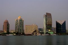 Dubai 04 09 Deira Nighttime View Of Etisalat Tower, Dubai Creek Tower, Sheraton, National Bank of Dubai and Dubai Chamber of Commerce